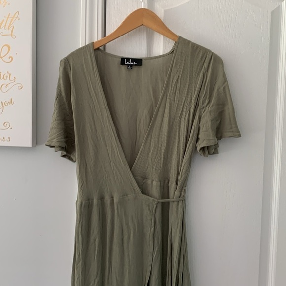 Lulu's Much Obliged Washed Olive Green Wrap Maxi Dress Size L - Picture 9 of 12